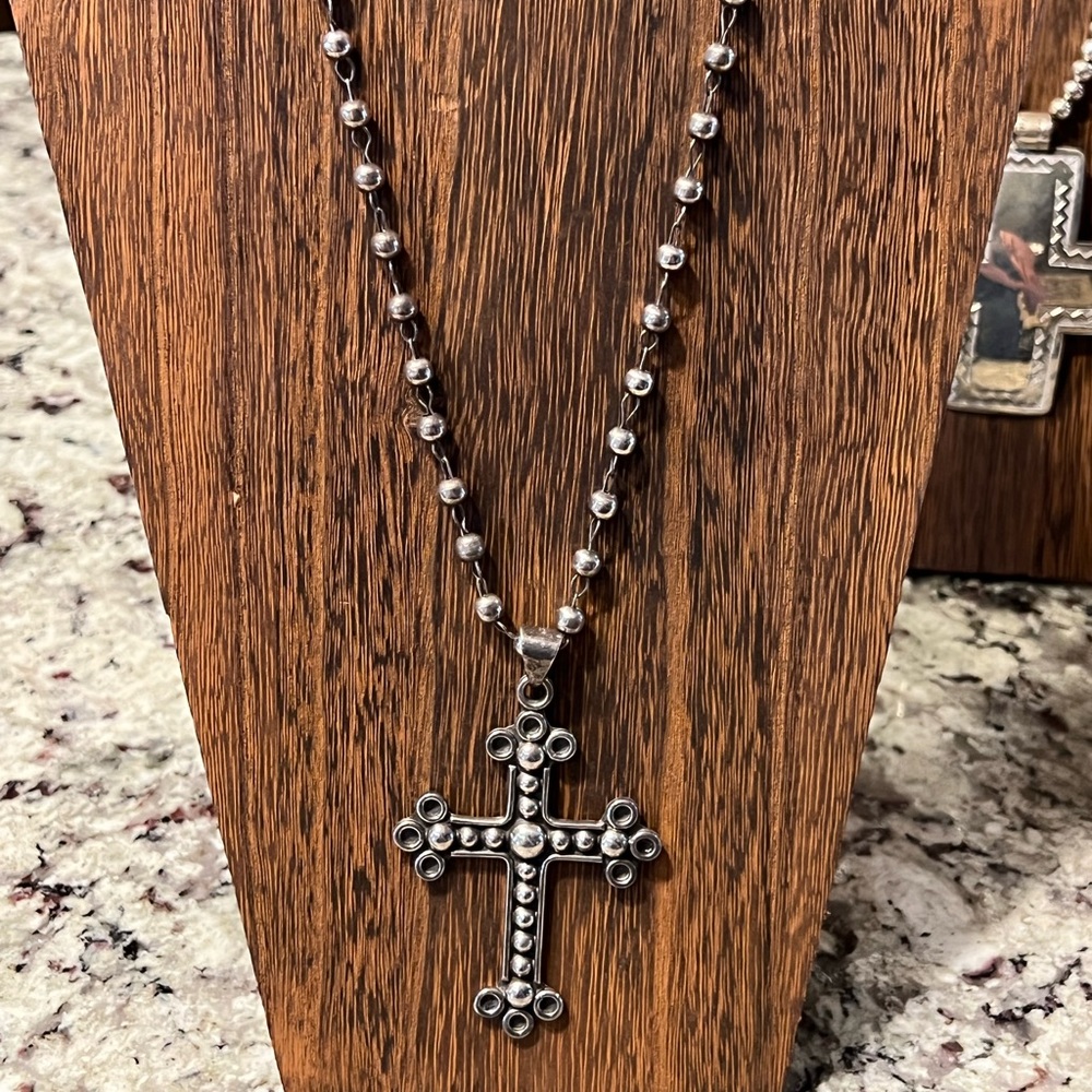 SS rosary style chain adjustable length necklace with cross pendant